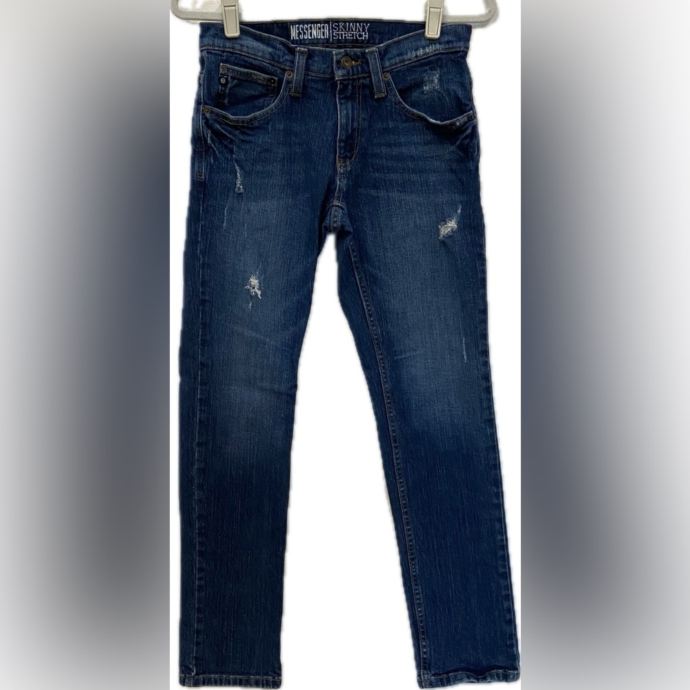 FREEWORLD MENS MESSENGER SUPER SKINNY BLUE DISTRESSED JEANS